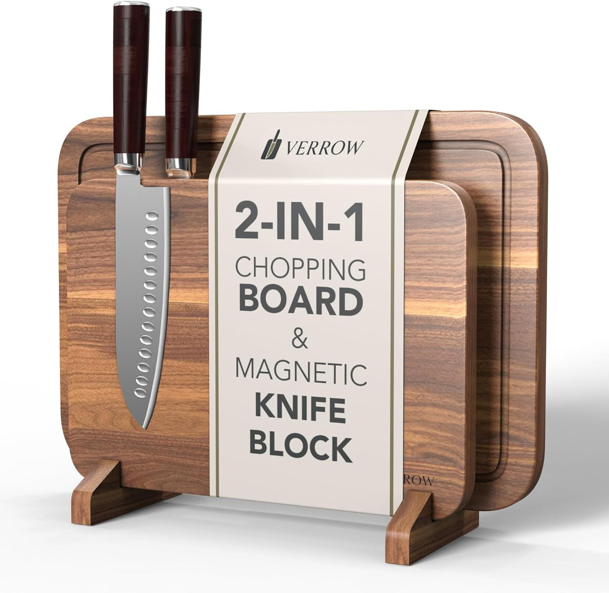 Magnetic Knife Block with Acacia Wood Cutting Board - Large 15.5x10.5x0.75In Magnetic Knife Block Set with Chopping Board Knife Holder Charcuterie Display Storage Organizer for Kitchen Counter