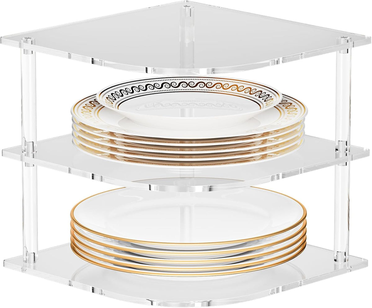 Plate Organizer for Cabinet Space Saver - Clear Acrylic Corner Shelf for Dishes, Bowls - 3-Tier Kitchen Cabinet Plate Organization, Dinner Plates Holder, and Small Shelf for Bathroom Storage