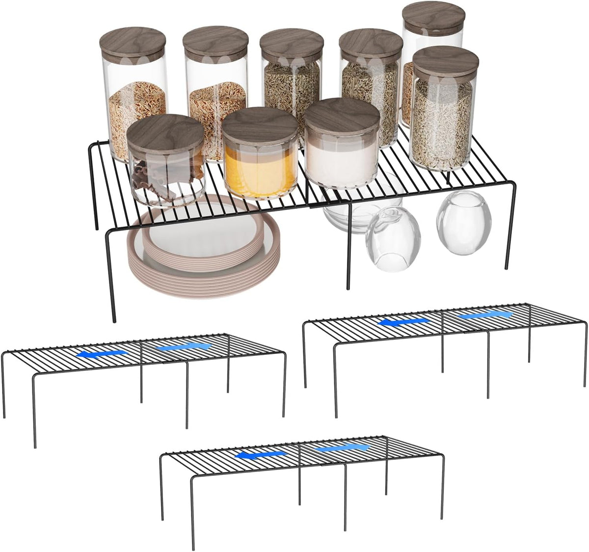 Expandable Storage Shelf, Pantry Organizers and Storage, Adjustable Rustproof Metal Wire Spice Rack, Space Saver Kitchen Storage Shelves for Pan, Pot, Countertop, Drawer, Fridge, Set of 4, Black