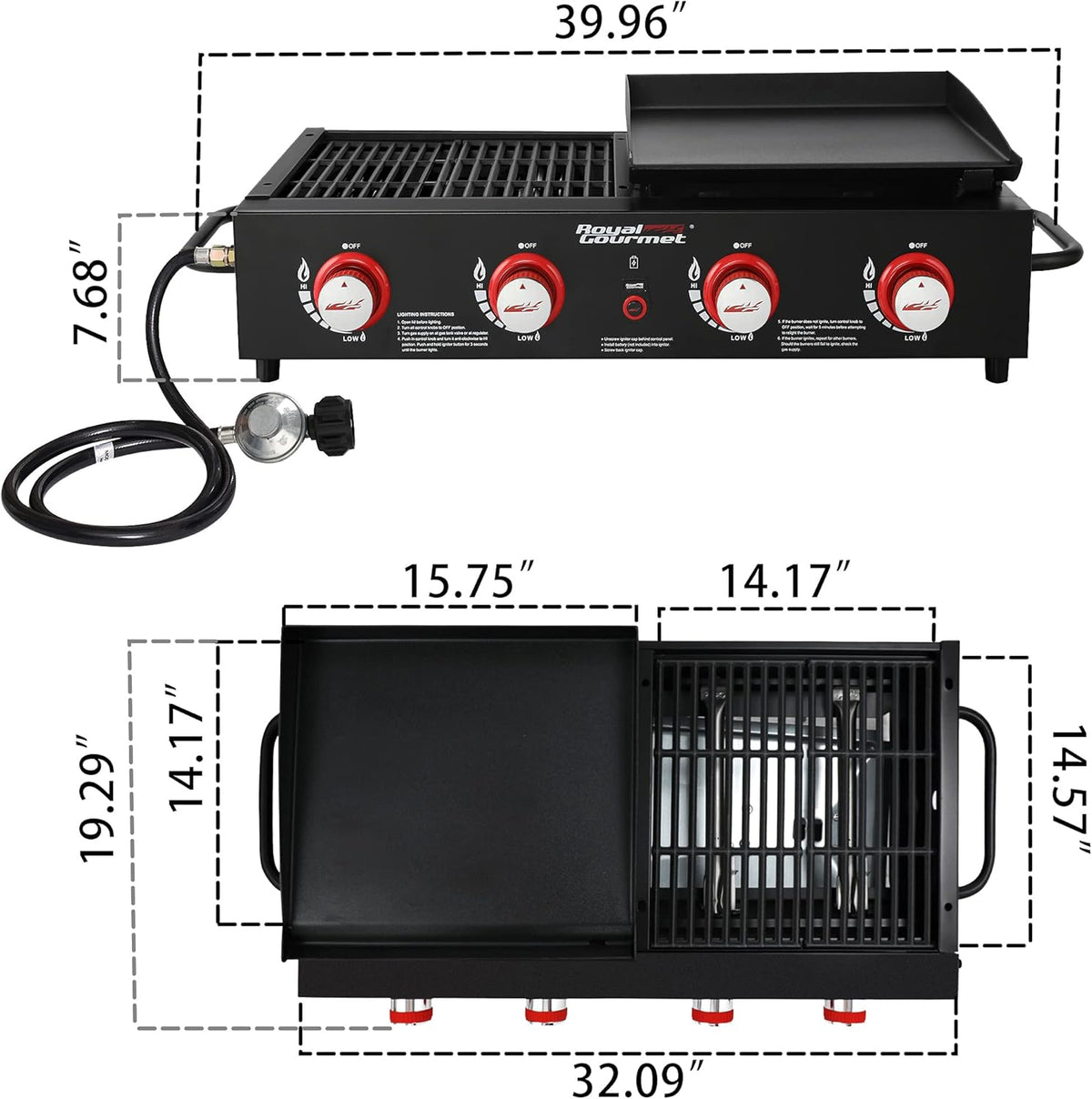 Royal Gourmet GD4002T 4-Burner Tailgater Grill and Griddle Combo, Portable Flat Top Propane Gas Grill with 40,000 BTUs Output for Backyard or Outdoor Cooking, Black