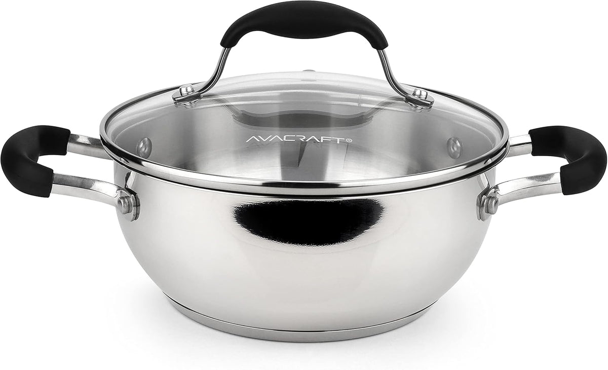 AVACRAFT 18/10 Stainless Steel Everyday Pan, Stir Fry Pan with Five-Ply Base, Chef’s Pan with Glass Lid, Multipurpose Stewpot Skillet, Saute Pan, Casserole in Pots and Pans (8 inch)