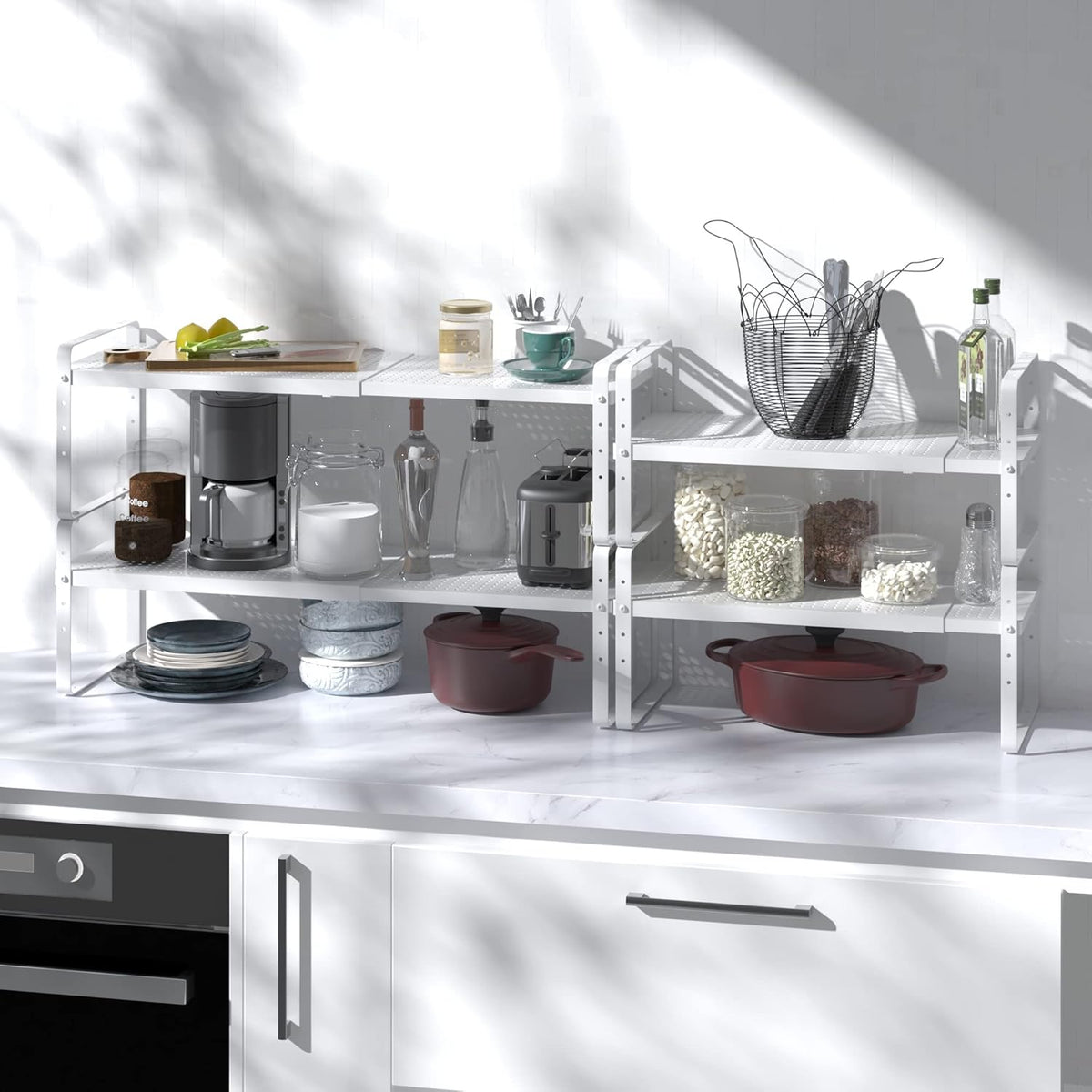 Expandable Cabinet Shelf Organizer Adjustable Metal Spice Rack Stackable Freestanding Counter Storage Shelves for Kitchen Cabinet Under Sink Office Desk (White - 1Pack - L16.5-27'' * W8'' * H9.6'')