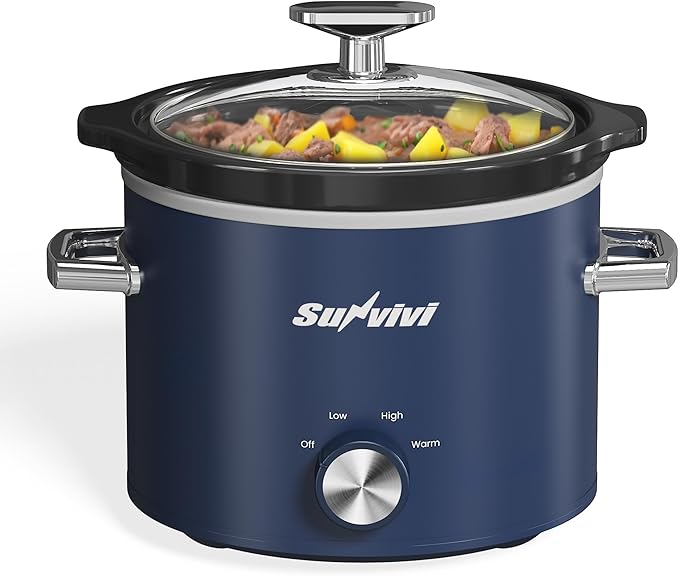 Sunvivipro 2QT Small Slow Cooker with Removable Ceramic Pot, Food Warmer with 3 Heating Settings & Dishwasher Safe Glass Lid, Blue