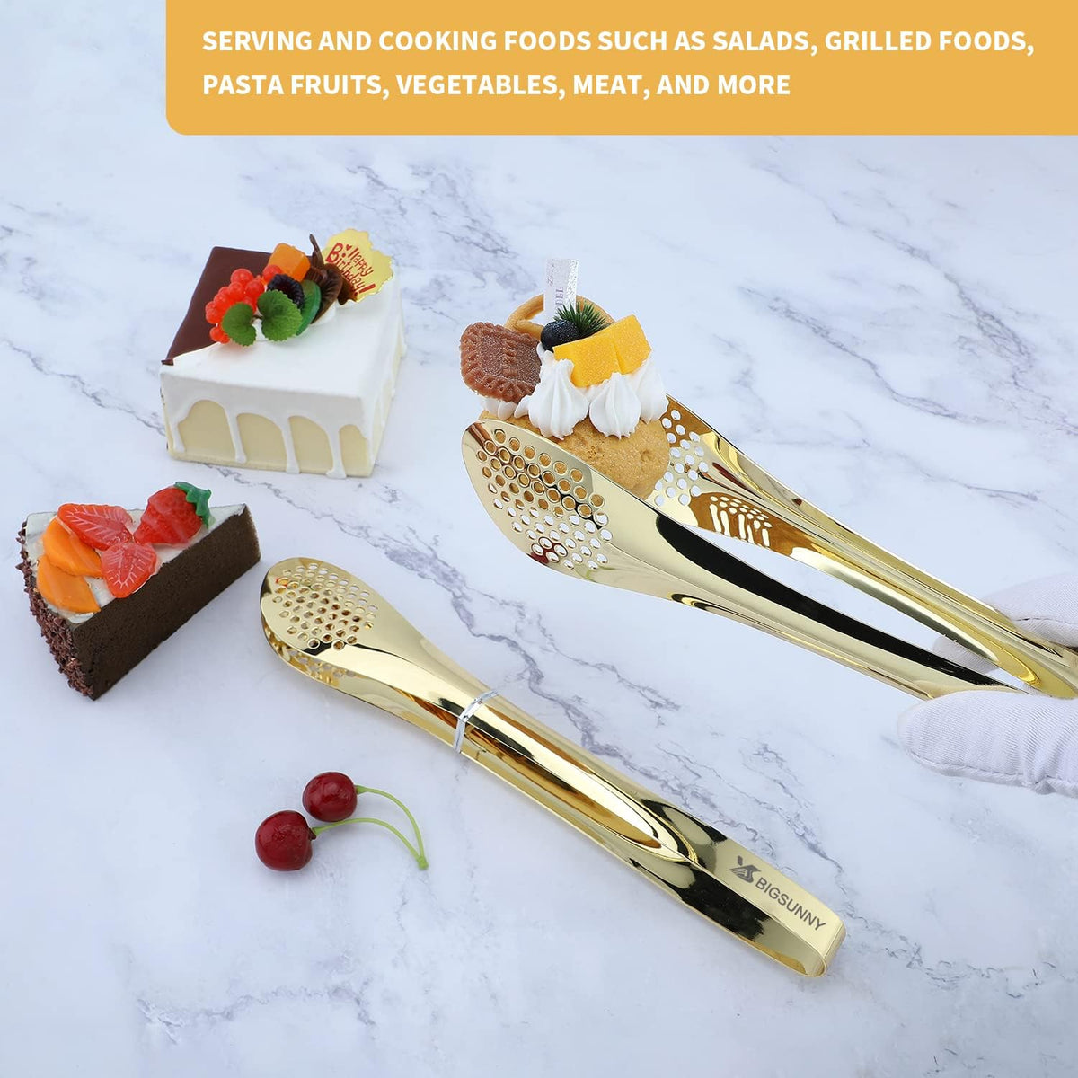 MSY BIGSUNNY Stainless Steel Buffet Tongs - Kitchen Food Tong for Cooking and Serving (Gold 11" Serving Tongs)