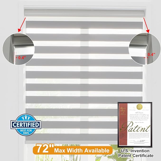 Persilux Cordless Zebra Blinds for Windows (46" W X 64" H, Grey) Free-Stop Windows Shades Dual Layer Light Control for Day and Night, Light Filtering Sheer Shades for Home, Easy to Install