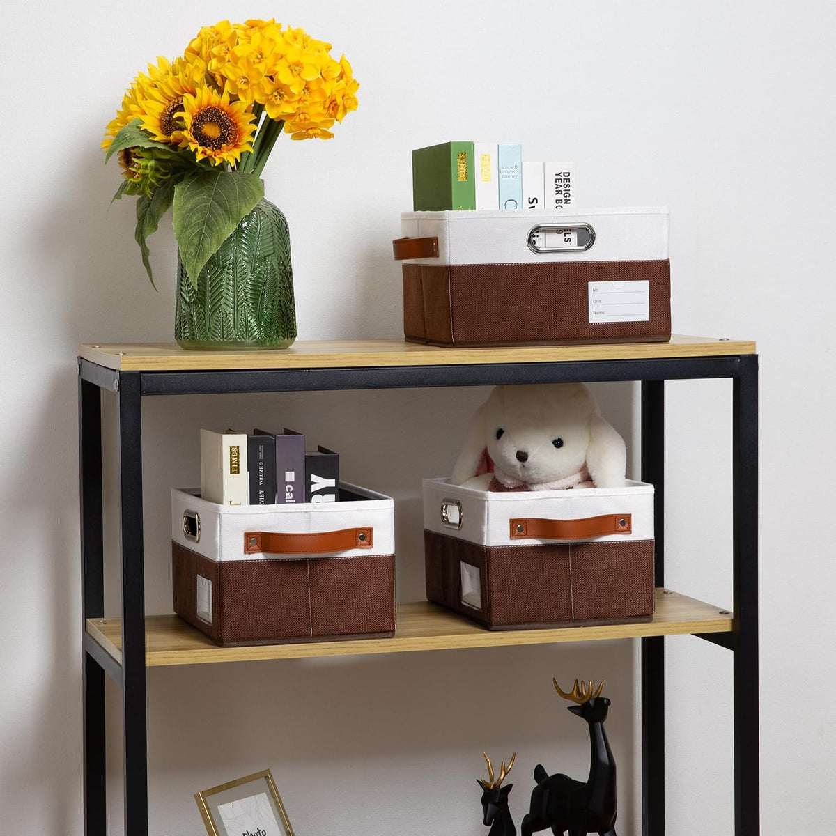 PRANDOM Foldable Storage Bins with Handles [3-Pack] Fabric Collapsible Storage Boxes Baskets Cubes Containers with Handles for Closet Living Room Bedroom (Brown & White 11.5x8.5x6.7'')