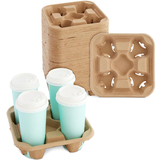 Okuna Outpost Paper Drink Carrier - 8.5 x 8.5 x 1.8 in, Brown, 60 Pack - 4 Cup Holder Coffee Tray & Drink Tray - No-Spill Design for Hot & Cold Beverages