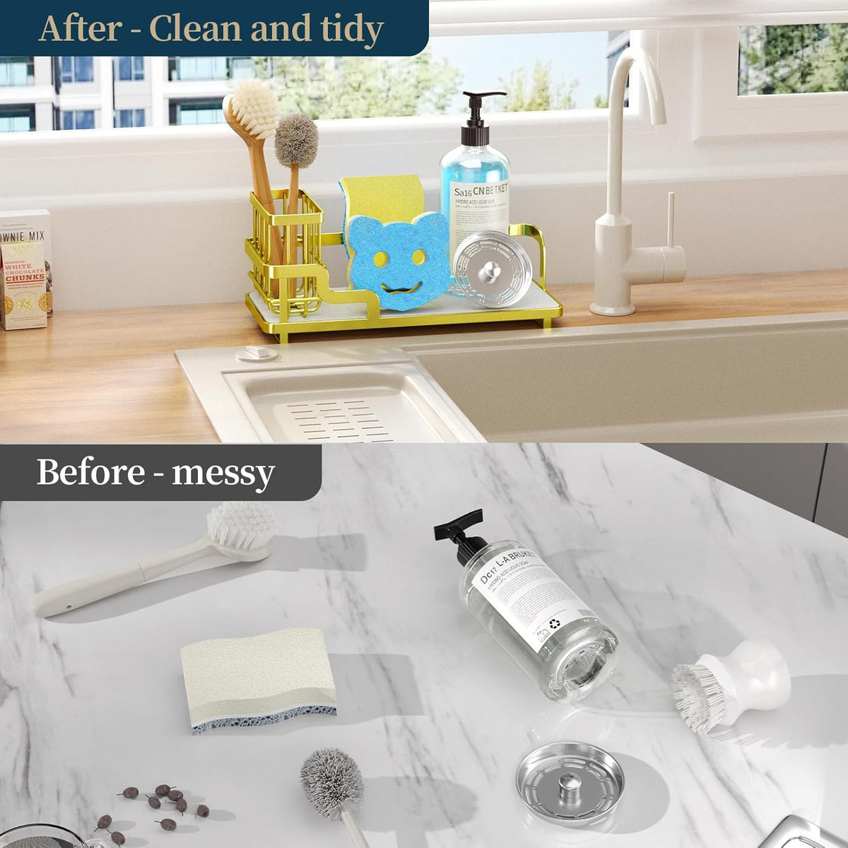 Consumest Sponge Holder for Kitchen Sink - Sink Caddy Organizer with Water Absorbing Stone Tray, Detachable Brush Holder, Stainless Steel Kitchen Counter Organizer Rack, Gold