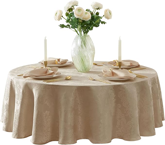Newbridge Barcelona Luxury Damask Fabric Tablecloth, 70” Round, Golden Beige, 100% Polyester, No Iron, Soil Resistant Dining Room, Party and Banquet Table Cover