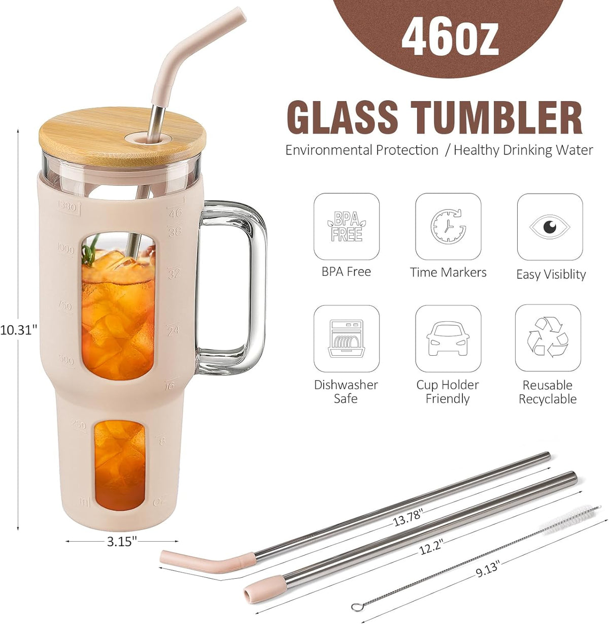 Glass Tumbler with Lid and Straw, 46 oz Iced Coffee Cup with Handle, Glass Water Bottles with Silicone Sleeve, Glass Cup with Straws - Pearl Straw & Drinking Straw BPA Free-Amber