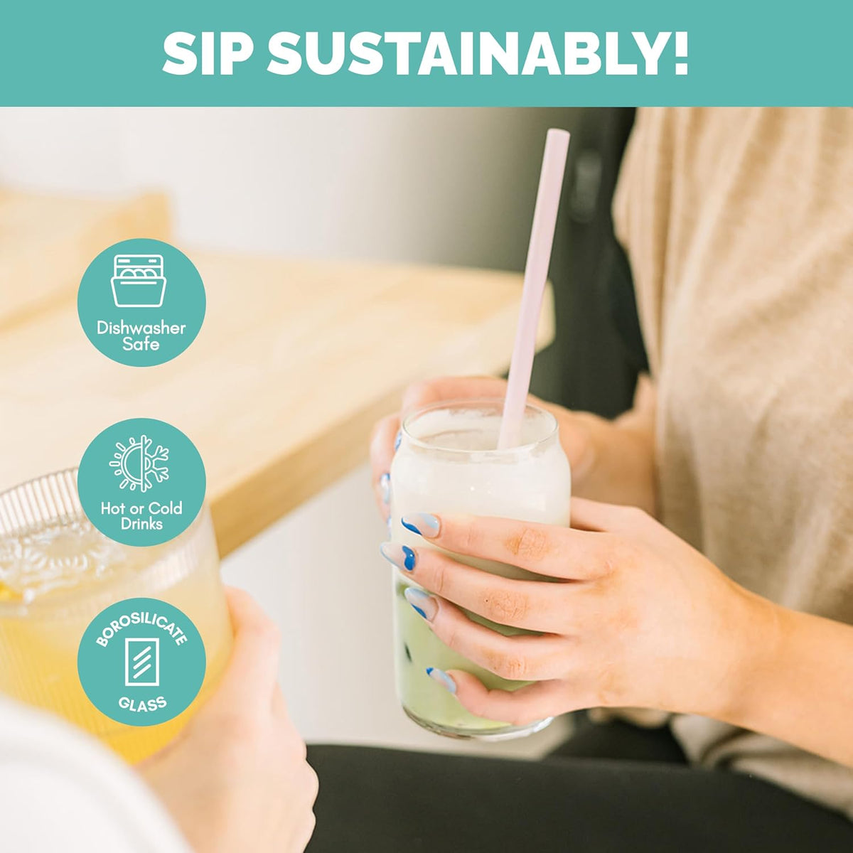 Simply Straws 10 Inch Glass Straws Bent (6-Pack) – Reusable Glass Straws for 24 Oz Mason Jars & Tumblers, with Cleaning Brush – Durable, Dishwasher Safe, Hot & Cold Use, BPA-Free (Meadow)