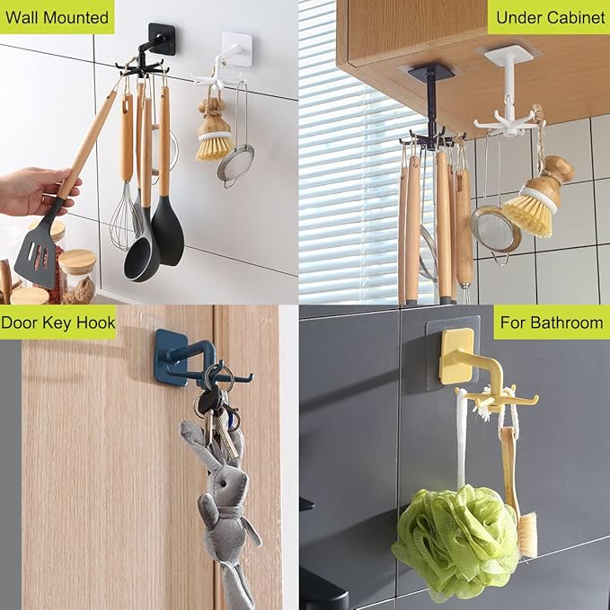 Kitchen Utensil Hanger with 6 Hooks, 2 Pack Under Cabinet Utensil Holder 360° Rotatable Kitchen Hooks Utensil Rack Space Saving No Drilling Nail Free Kitchen Utensil Organizer for Wall, Black