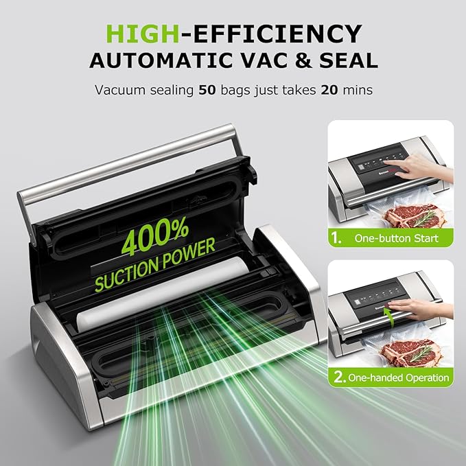 Bonsenkitchen Vacuum Sealer for Food, Easy-Lock Handle Vacuum Sealer Machine with Bag Clip, Built-in Cutter and Bag Storage for Sous Vide and Meal Prep, 1 Roll Bag & 10 Pre-Cut Bags, Silver