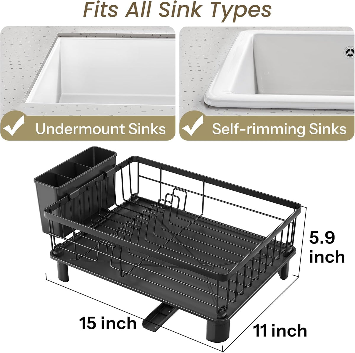 Dish Drying Rack - Small Dish Rack for Kitchen Counter, Stainless Steel Dish Drainer with Utensil Holder and Drainboard (Black)