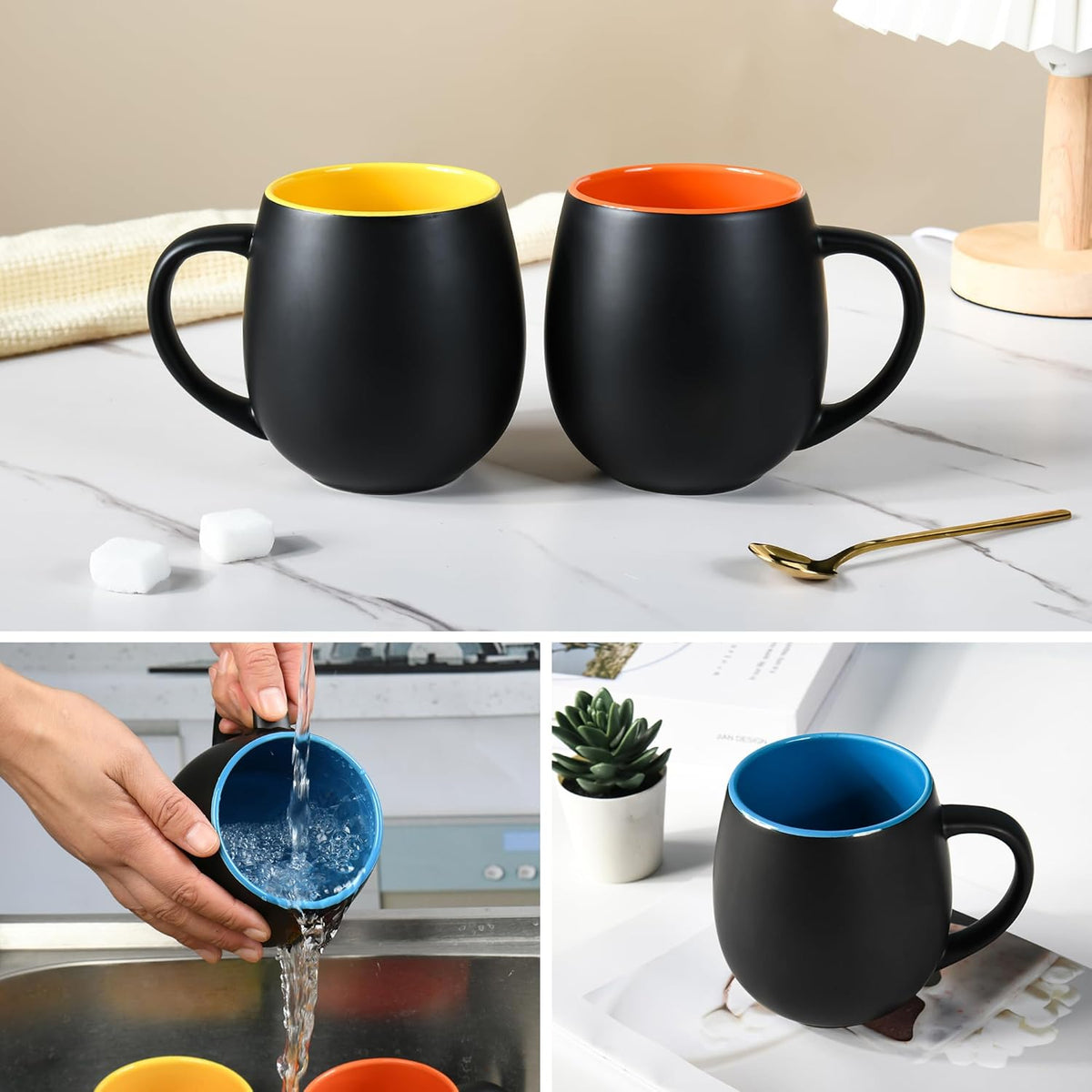 20oz ceramic Coffee Mug Sets Matte Black Porcelain Mug Multiple colors Cups for Coffee, Tea, Juice, Cocoa Set of 6 (20oz)