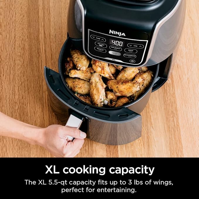 Ninja | XL Single Basket Air Fryer | 5.5 QT Capacity fits 3lbs of Wings | 5-in-1Air Fry, Roast, Bake,Reheat & Dehydrate |Dishwasher Safe Parts & Recipe Guide | Grey |AF150AMZ