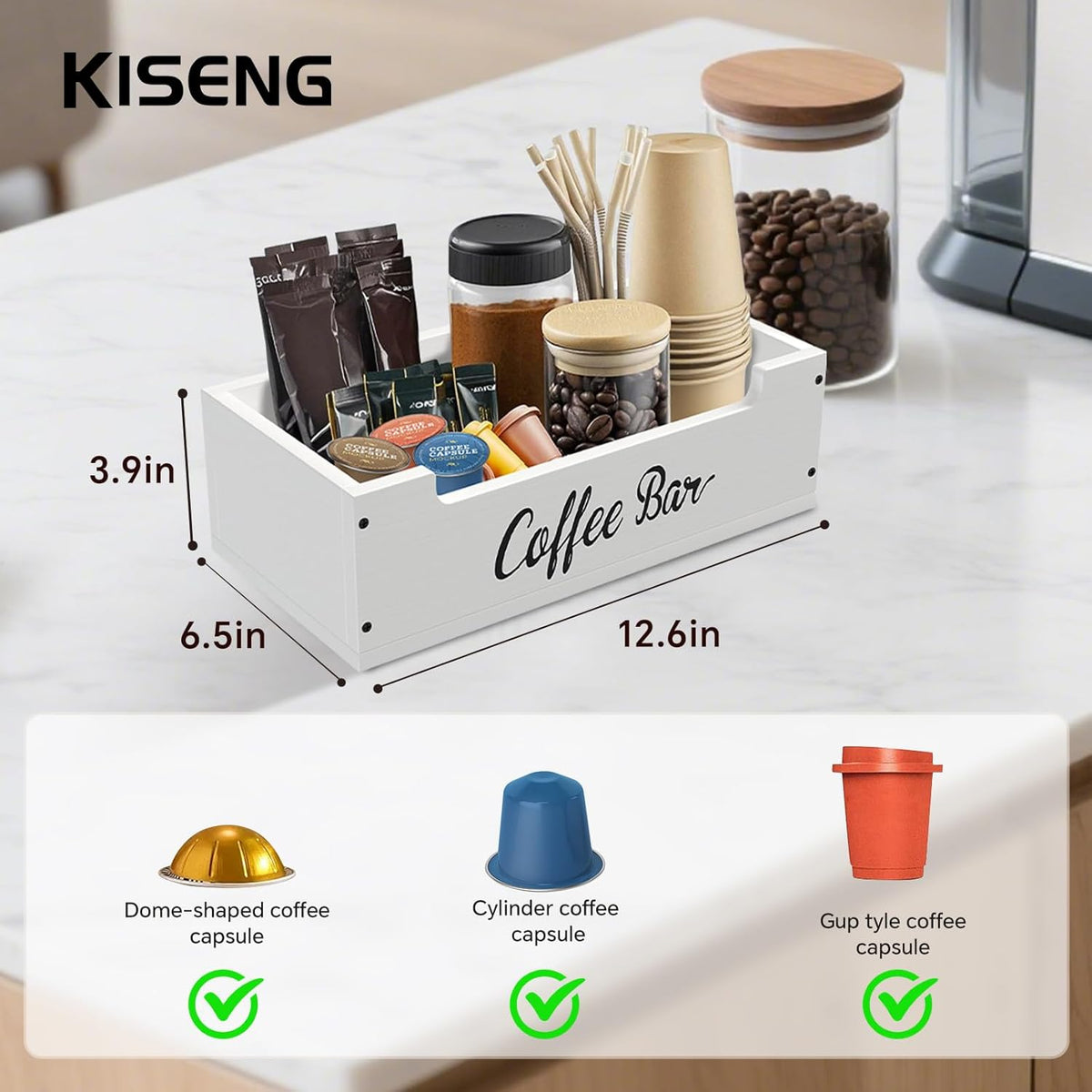 Coffee Pod Bar Station Wooden 13" X 7" X 4" Organizer Box for Countertop, Counter Top Tea Espresso Cup Wood Storage Box, White