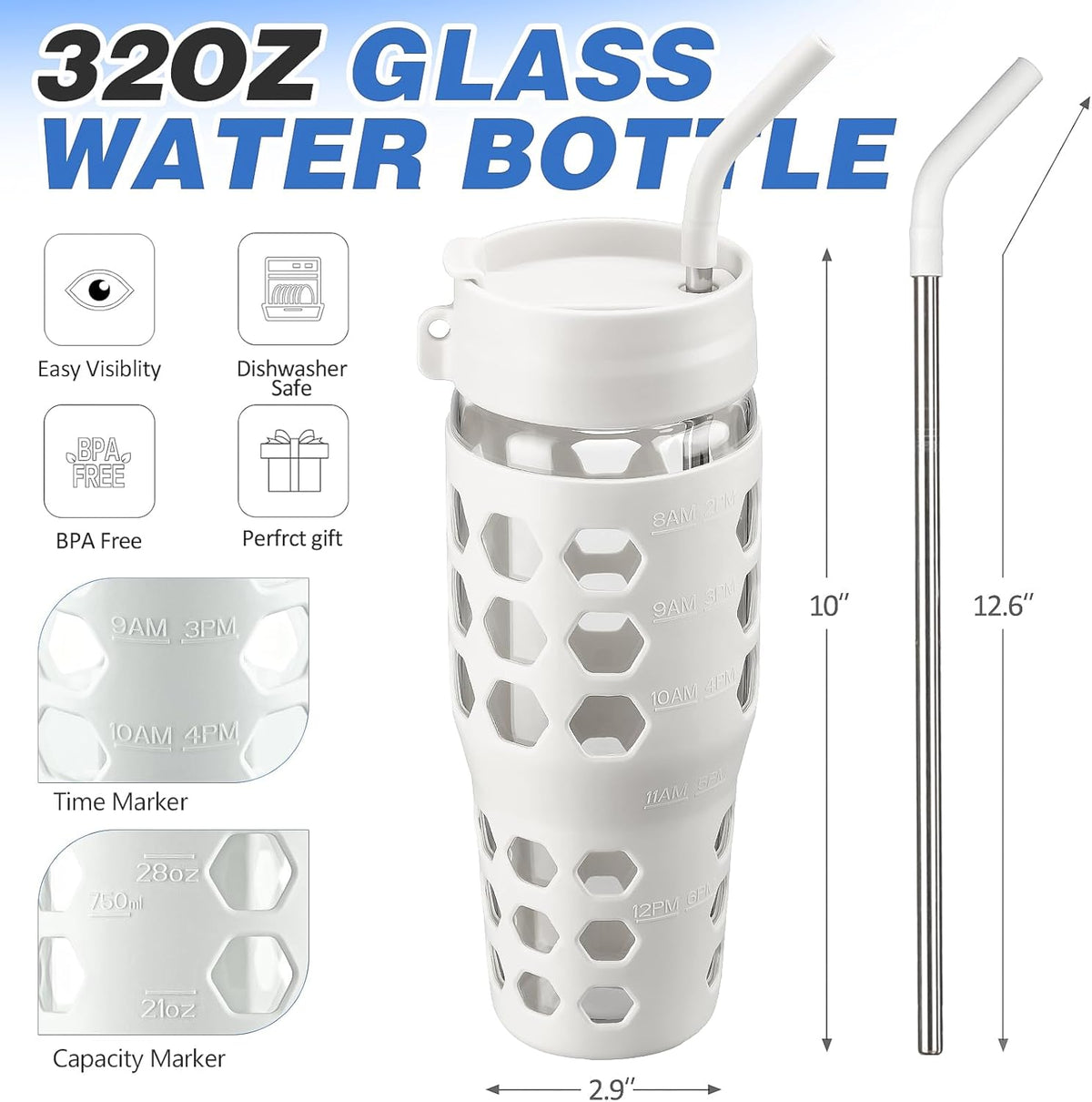 MUKOKO 32 oz Glass Tumbler with Straw,Glass Water Bottles with Time Marker,Iced Coffee Cup with 2 Lids-Handle Spout Lid&Straw Lid,Silicone Sleeve,Leakproof,1 Pack-White