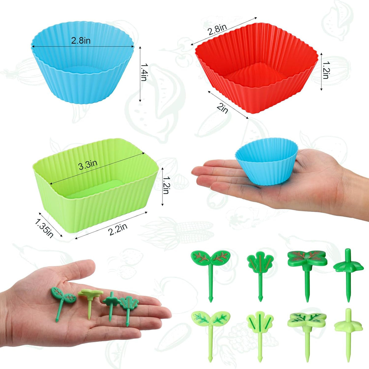 Palksky Bento Box Dividers, 50 Pack Silicone Lunch Box Dividers with 8 PCS Leaf Food Picks, 3 Shapes of Reusable Kids Lunch Accessories, Container To Go