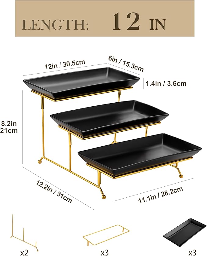 MALACASA 3 Tier Serving Trays for Party, 12 Inch Porcelain Black Trays for Serving Food, Dessert Stand with Collapsible Gold Metal Rack