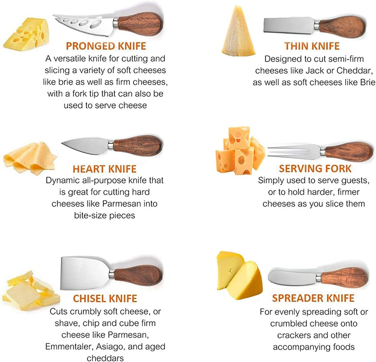 Exquisite 6-Piece Cheese Knives Set, Stainless Steel Cheese Knife Set Collection (Acacia Wood Handle)