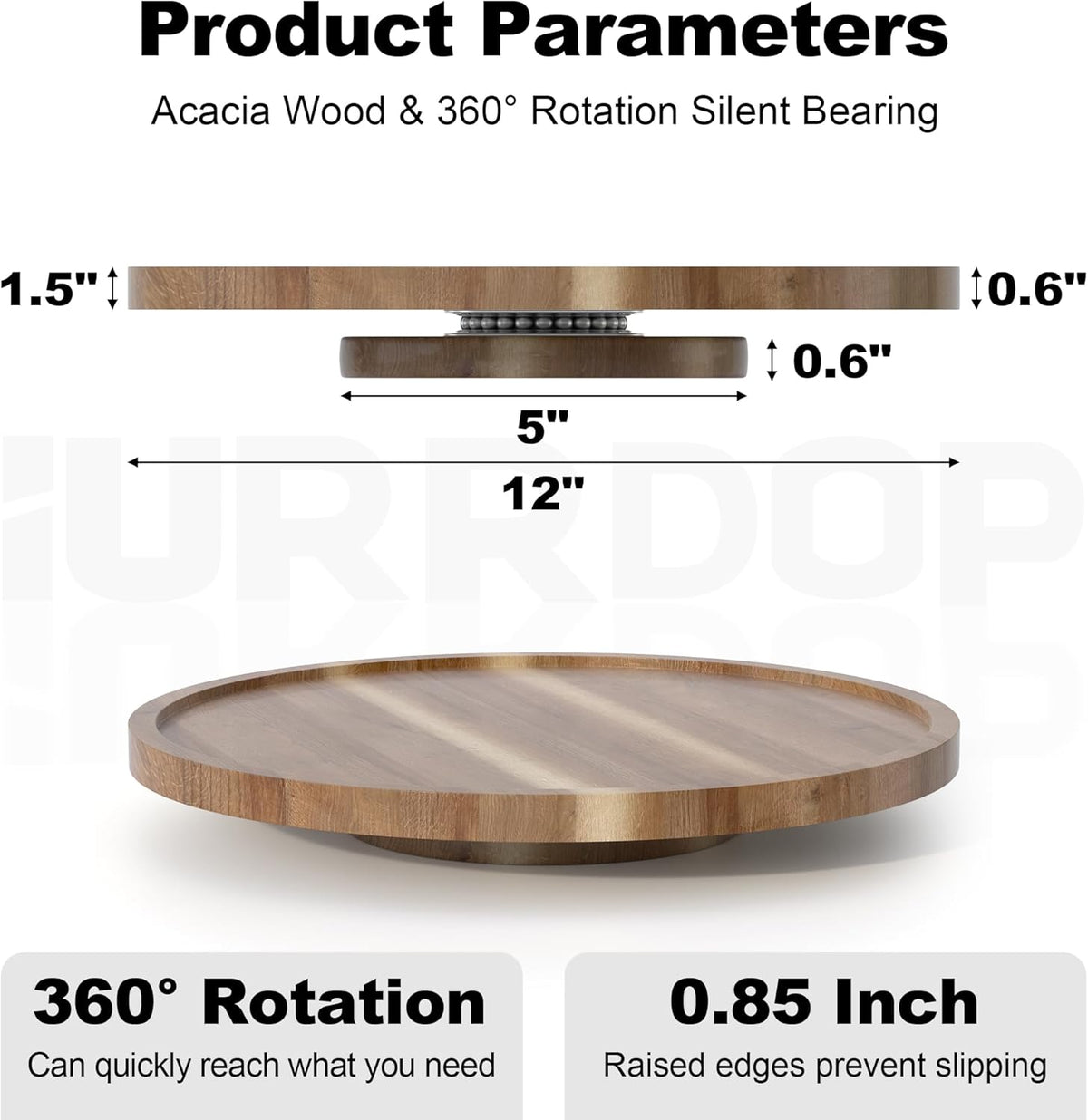 12 inch Wooden Lazy Susan Turntable for Cabinet, Acacia Lazy Susan Organizer for Table Top, Cabinet Fridge, Countertop, Pantry