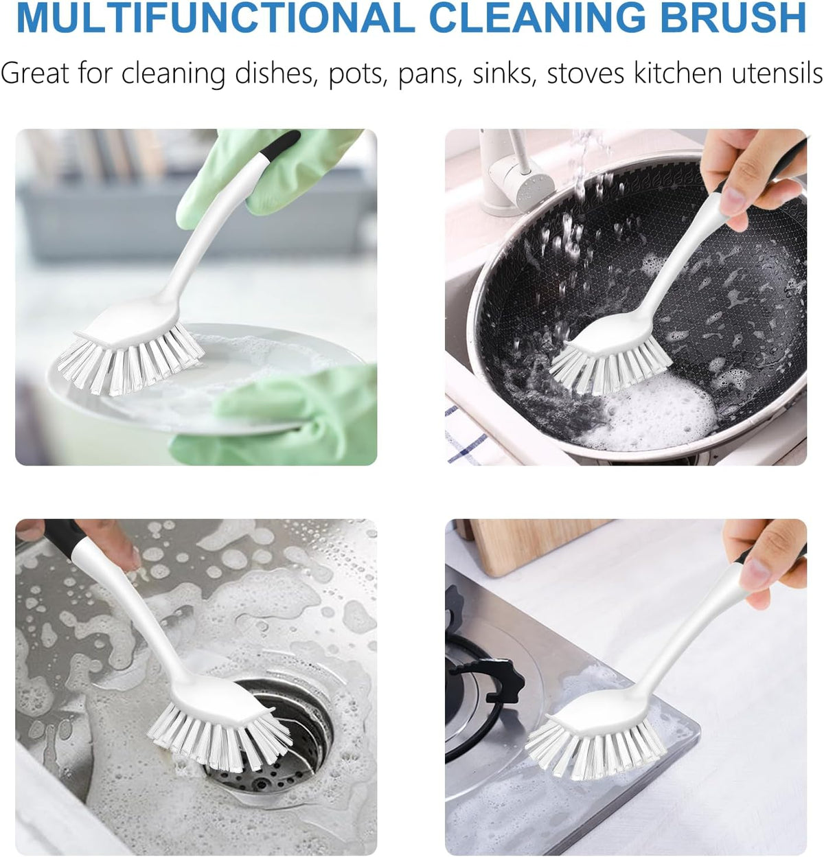 SetSail Dish Brush with Handle, 2 Pack Stiff Bristles Dish Scrubber with Built-in Scraper Dish Scrub Brushes for Cleaning Dishes, Pots and Pans, Kitchen Sink, White