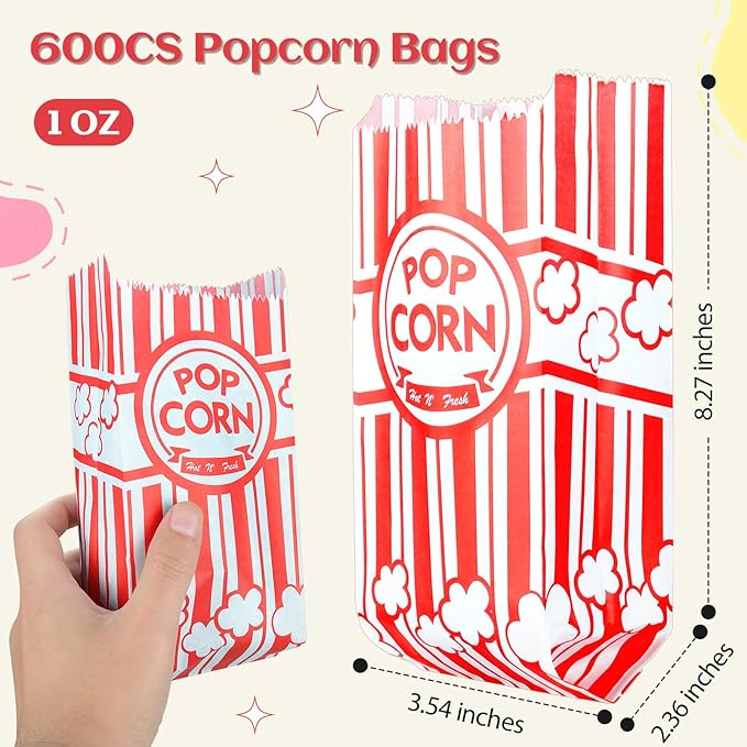 Essenya 602 Pcs Popcorn Bags with Popcorn Scoop and Salt Shaker,1 oz Small Pop Corn Bags Popcorn Bags Individual Servings for Popcorn Machine Supplies Party Movie Night Theater