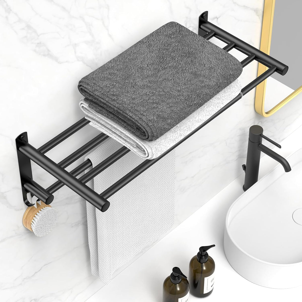 Adjustable Towel Bar for Bathroom Wall Mount17-30.7inch Adhesive Shower Towel Rack Stainless Steel Bath Towel Holders for Toilet Kitchen Double Towel Hanger (Black 2-Layer Towel Rack)