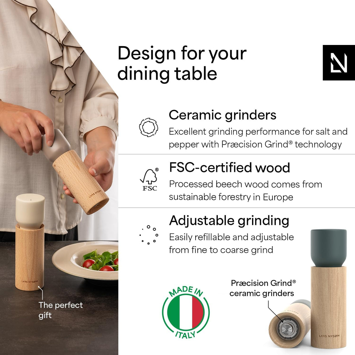 LARS NYSØM Wooden Salt and Pepper Grinder Set Manual - Salt and Pepper Mills with Adjustable Ceramic Grinder - Elegant Beechwood Pepper and Salt Mill Set for Dining Table (Blue/Gray)