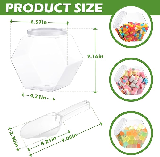 Hoolerry 12 Pcs Plastic Candy Jar with Scoops Set include 6 Hexagon Cookie Jars with Lid for Candy Buffet and 6 Candy Scoops 73 oz Large Storage Jar Clear Food Storage Canisters Kitchen Countertop Jar
