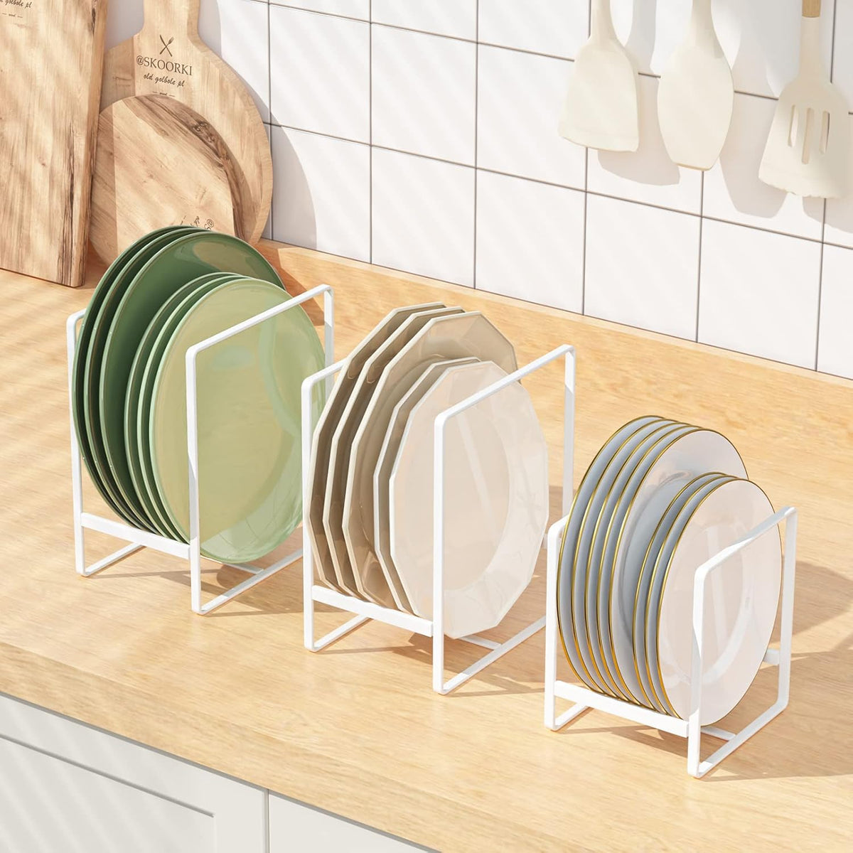2 Large 1 Small Plate Organizers Holders Upright Cabinet Dish Drying Racks Metal Plate Dish Organizers Racks Stands for Countertop and Cupboard White