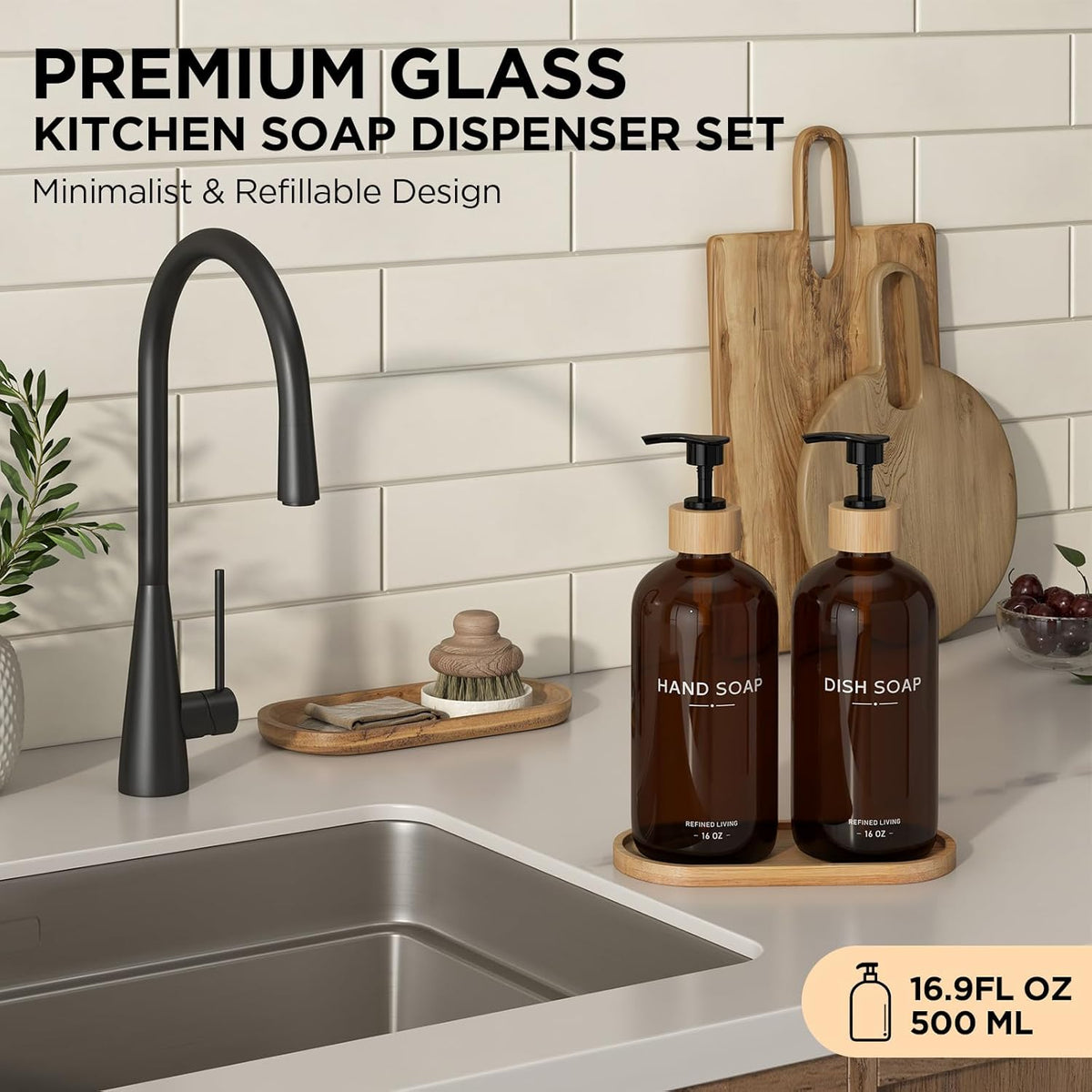 Hand and Dish Soap Dispenser Set,16oz Glass Bottles with Printed Labels, Bamboo Tray & Pump,Countertop Soap Dispensers for Kitchen,Luxury, Minimalist & Farmhouse Decor (Hand Dish (Amber))