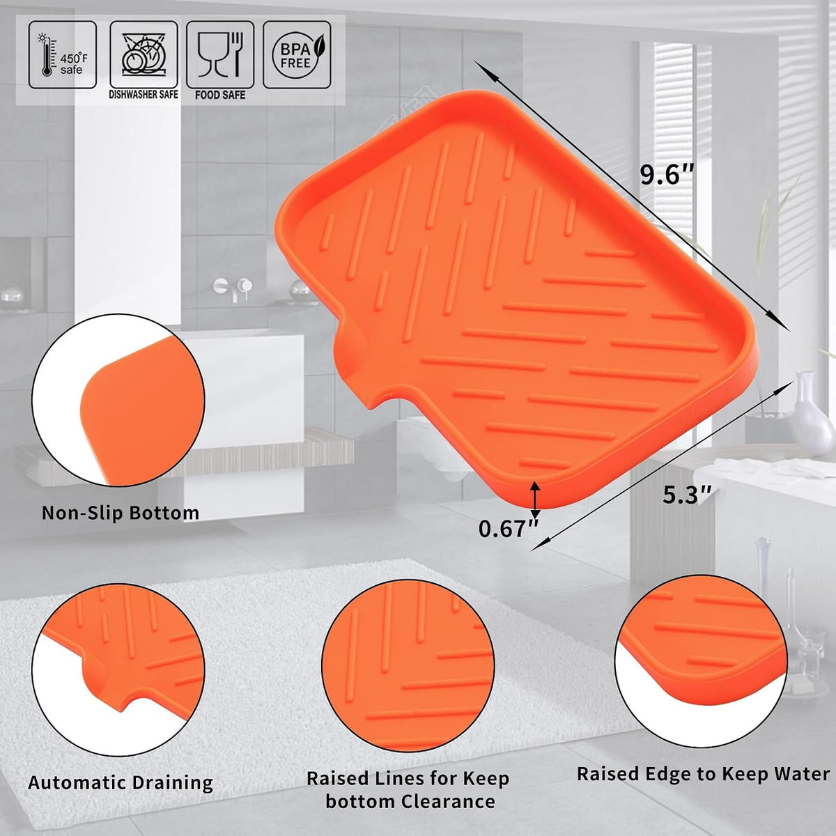 Silicone Bathroom Soap Dishes with Drain Spout-Bathroom and Kitchen Sink Organizer,Sponge Holder,Dish Soap Tray,Perfect for Dispenser,Scrubber,Bottle,Cup on Sink or Counter-Orange 9.6"×5.3"