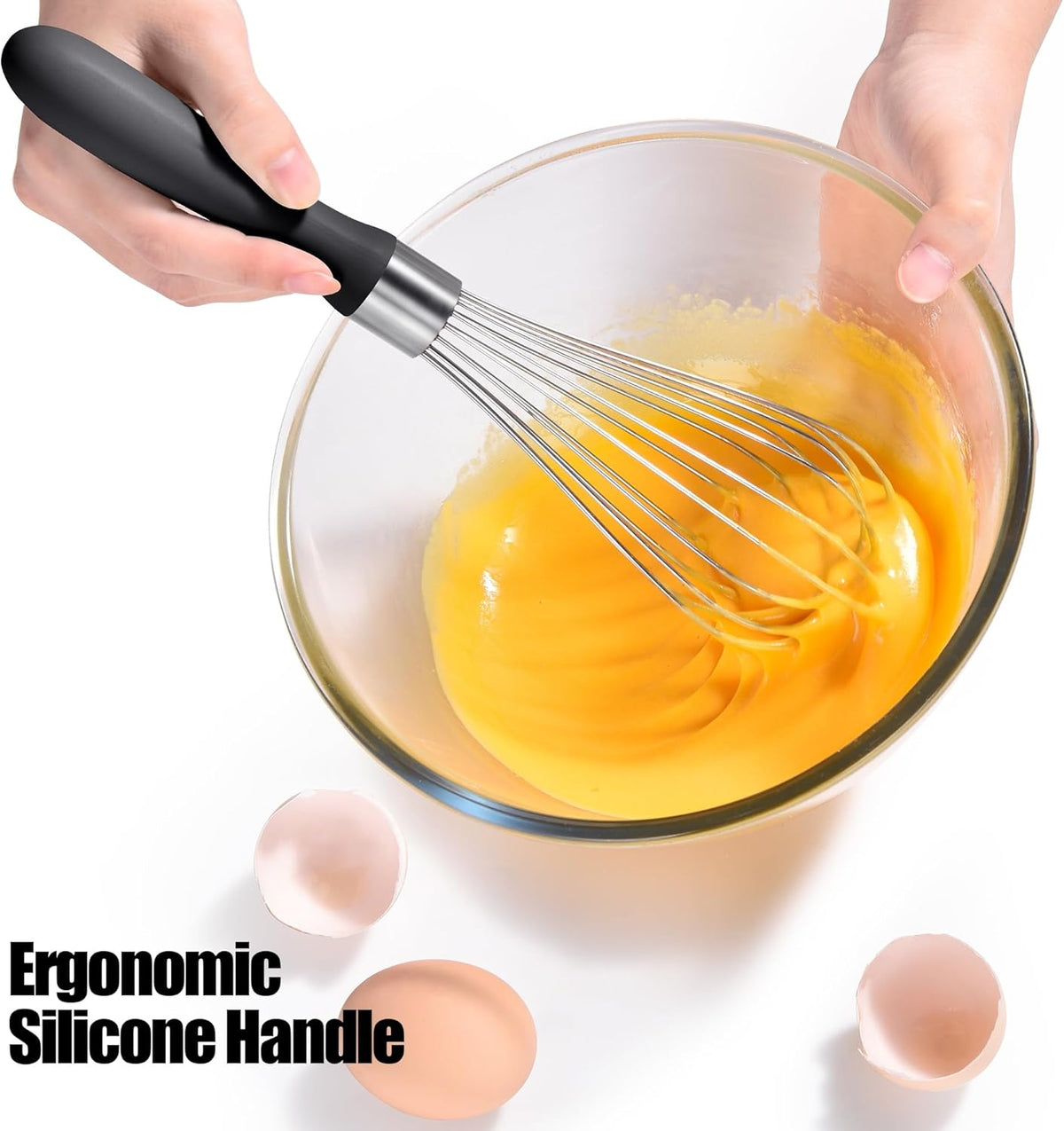 18/8 Stainless Steel Balloon Whisk, Doosu Kitchen Whisk for Cooking Handheld Egg Beater with Rust-Proof Sturdy Wires & Non-Slip Silicone Handle for Beating, Stirring, Blending (8 Wires, Black)