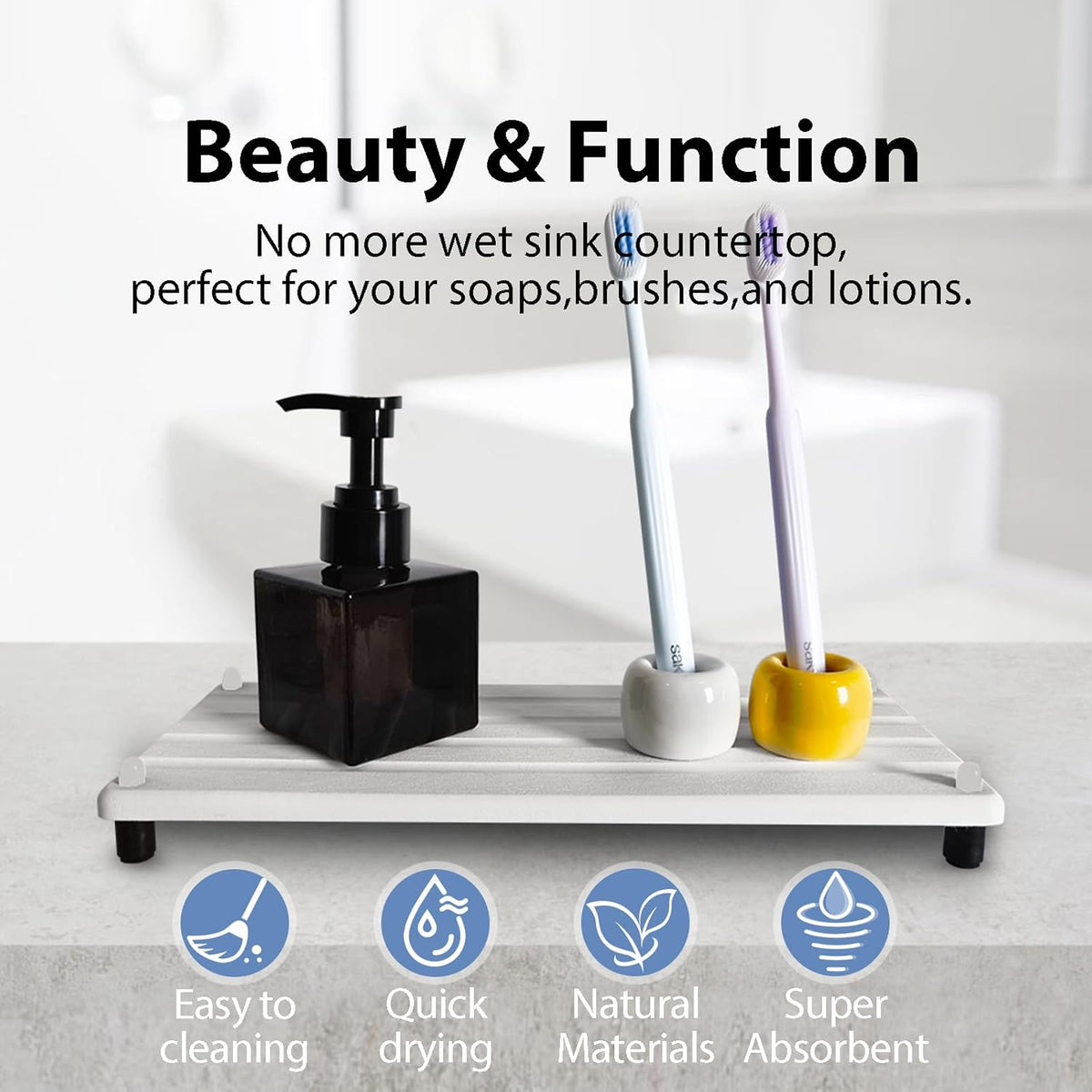 2 PCS Water Absorbing Stone Trays for Bathroom Counter, Fast-Drying Faucet Mat for Kitchen Sink, Diatomite Sink Caddy, Hand Soap Holder with Anti-Skid Feet (11" x 4.7" White)