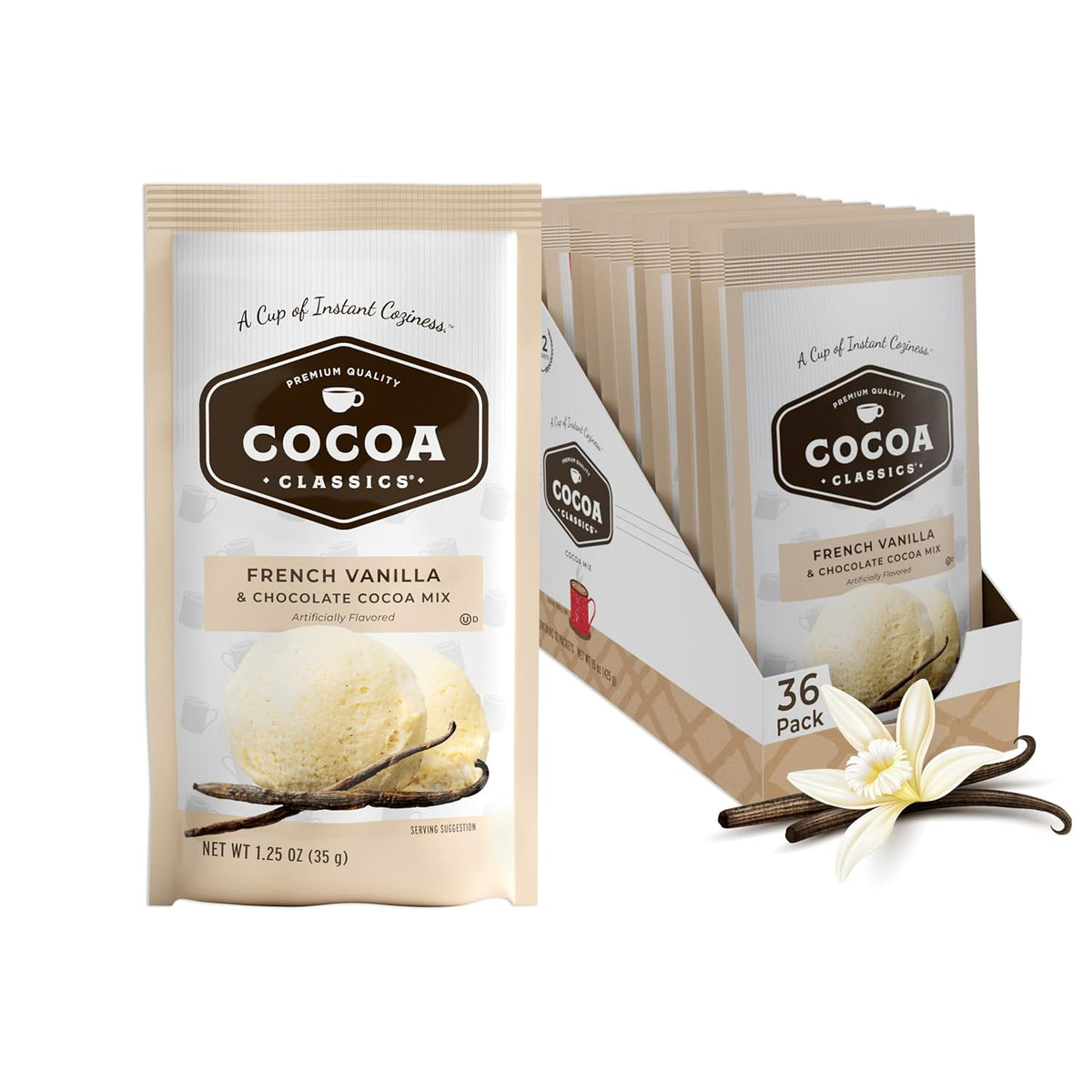 Cocoa Classics French Vanilla Cocoa Mix Hot Chocolate Made with Nonfat Milk Just Add Hot Water Make Hot or Iced Cocoa Gluten Free & Kosher Dairy Friendly 1.25oz Packets (Pack of 36)