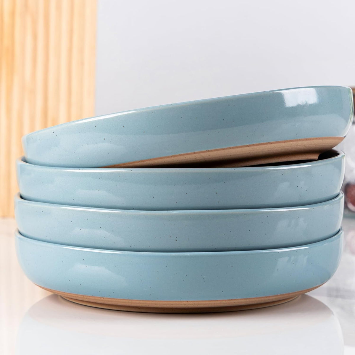 AmorArc 8.75'' Large Ceramic Pasta Bowls, 36oz Handpainted Stoneware Bowls Set of 4, Microwave&Dishwasher Safe Bowls with Rustic Terracotta Underside for Pasta Salad, Blue