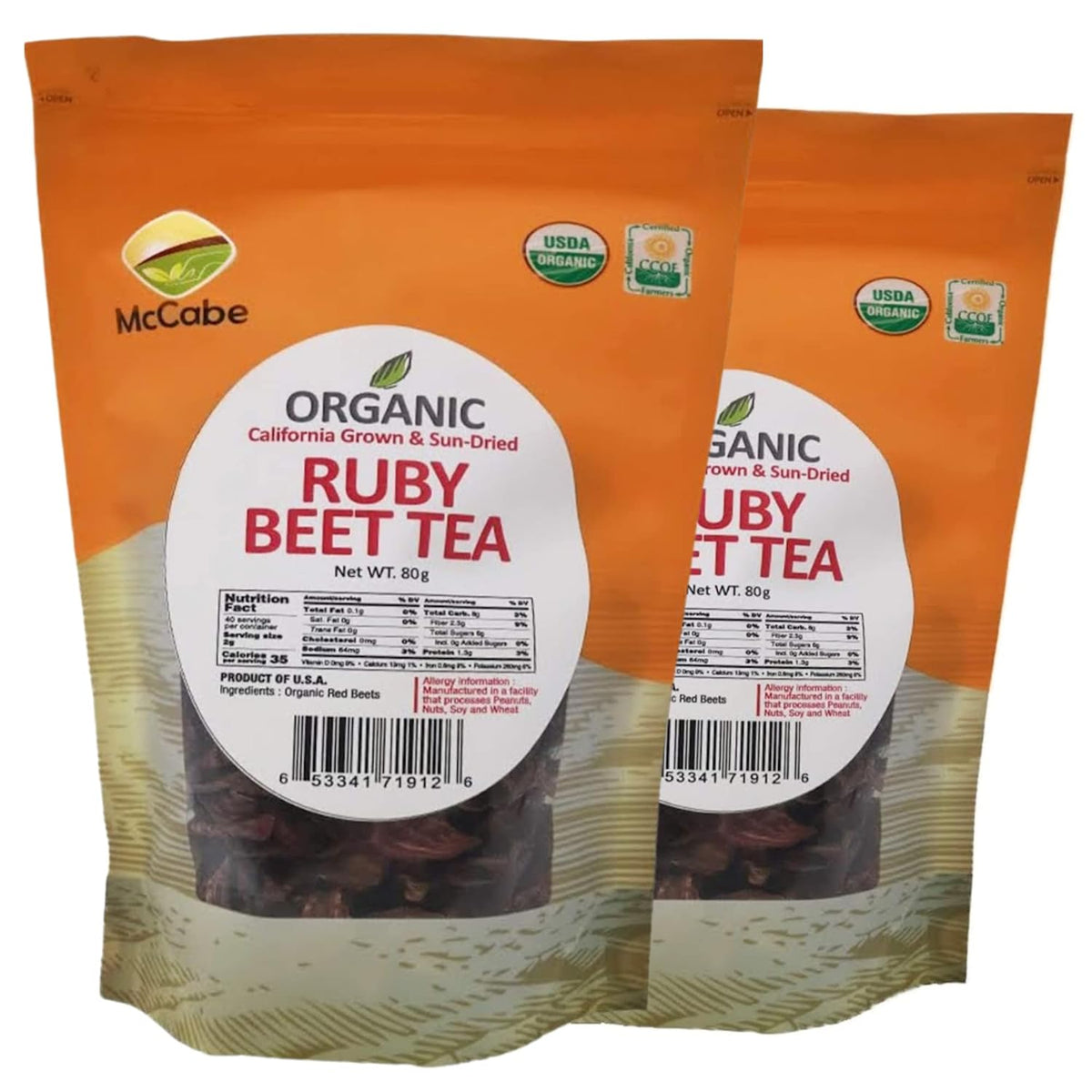 McCabe Organic Sun-Dried Ruby Beet Tea - Organic Beet Root Tea 80g (Pack of 2) | Rich with Fiber & Minerals | USDA and CCOF Certified | Product of USA