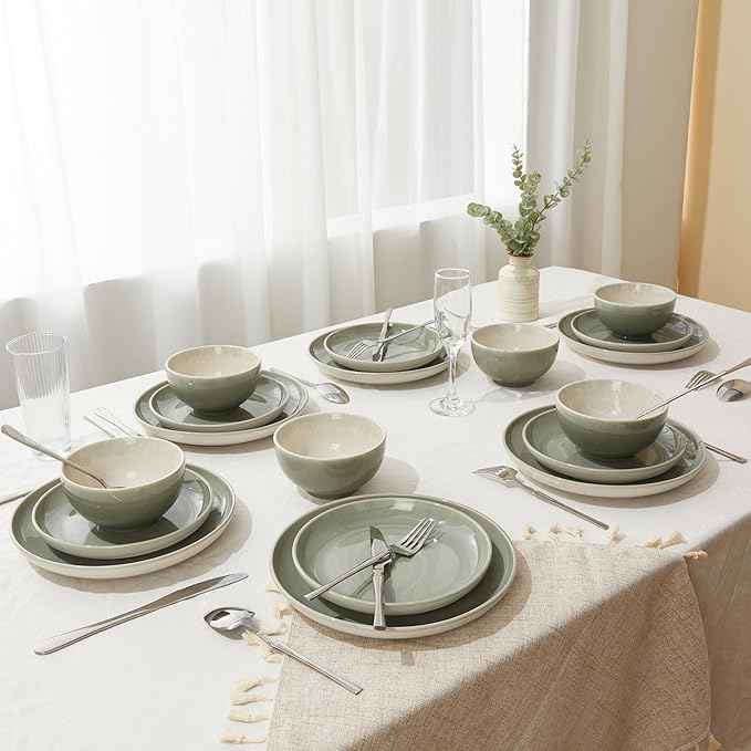 Stoneware Dinnerware Sets, Ceramic Plates and Bowls Set, Microwave & Dishwasher Safe Kitchen Dish Set, Modern Dinner Salad Plates | Cereal Bowls for 4, Dishware Sets Gray Green