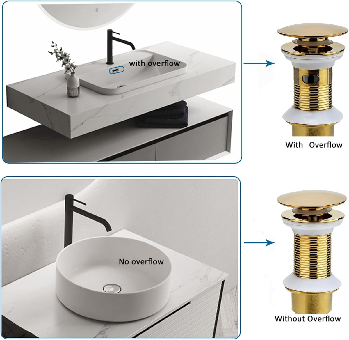 Bathroom Sink Drain, 5 Pack Gold Drain Stopper Bathroom Sink with Overflow, Pop Up Drain Assembly with Detachable Strainer Basket, Built-in Anti-Clogging Strainer,Stainless Steel