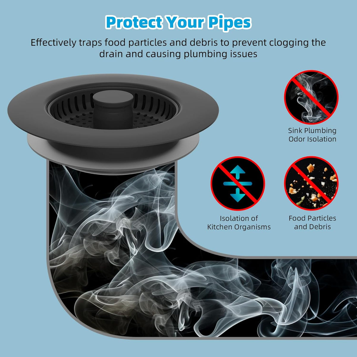 Hibbent All Metal Stainless Steel 3 in 1 Kitchen Sink Drain Strainer, Upgraded Sink Stop Combo, 3 Anti-Clogging Stainless Steel Baskets Strainer with Metal Handle for US Standard 3-1/2" Drain, Black
