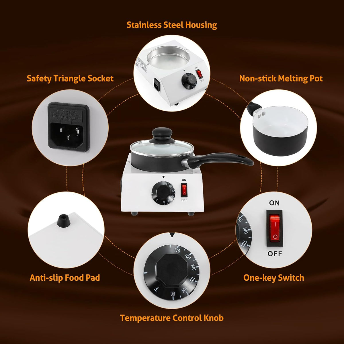 WICHEMI Chocolate Melting Pot Chocolate Tempering Machine Commercial Electric Chocolate Melter Fondue Pot for Chocolate, Butter, Cheese, Cream, Candy, Milk, Coffee, Desserts (Single Pot)