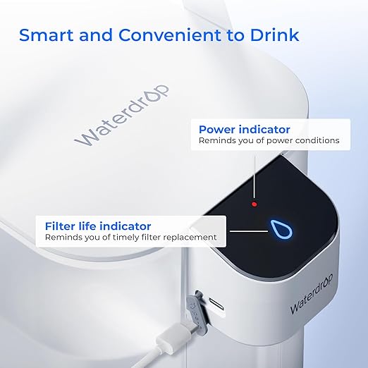 Waterdrop Rechargeable Water Filter Pitcher, Reduce 99.6% of Lead and 45+ Impurities, 1-Year Electric Water Dispenser, Instant 15-Cup Countertop System, NSF/ANSI 401&53&42&372, NOT Reduce TDS