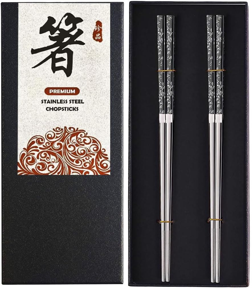 Metal Chopsticks With Case Stainless Steel Chopsticks Titanium Plated Reusable Chopstick lightweight Engraved Non-slip 18/10 Korean Japanese Chinese Chopsticks,Dishwasher Safe 2 Pairs Set(BJ-Black02)