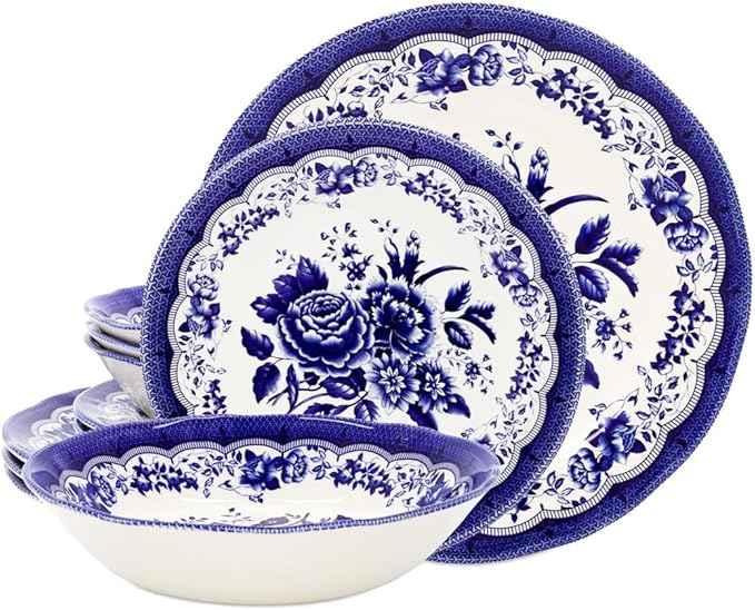Tudor Royal 12-Piece Porcelain Round Dinnerware Set, Service for 4, Victoria Blue Design, Blue Floral, Plates Bowls Dishes, Glossy, Premium Quality Tableware, Unique Pattern