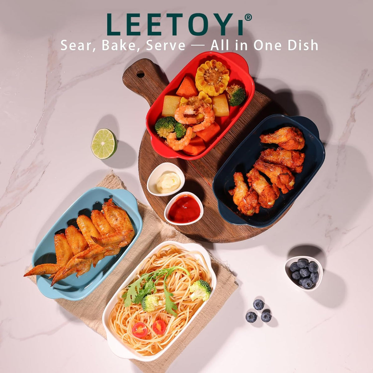 LEETOYI Ceramic Small Baking Dish, Porcelain 2-Piece Rectangular Bakeware with Double Handle, Baking Pans for Cooking and Cake Dinner 7.5"×5 (Turquoise)
