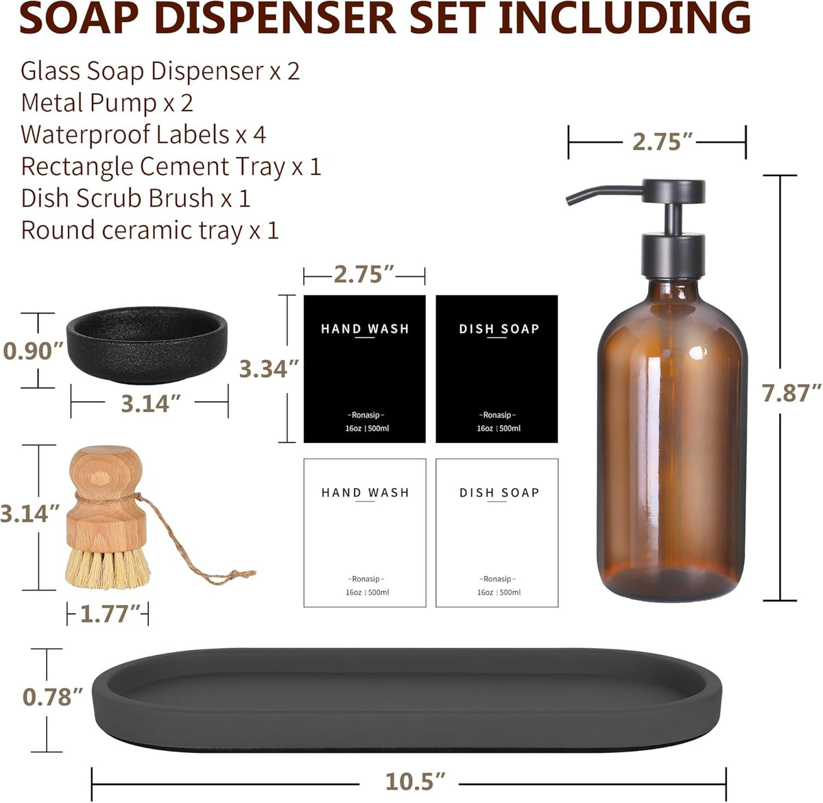 Set of 5 Kitchen Soap Dispenser Set 16 Oz Glass Hand Dish Soap Dispenser with Stainless Steel Pump, Cement Tray, Dish Scrub Brush for Farmhouse Rustic Home Bathroom Decor (Brown)