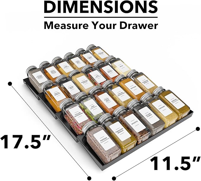 SpaceAid Spice Drawer Organizer with 24 Spice Jars, 378 White Minimalist Spice Labels, 4 Tier Seasoning Rack Tray Insert for Kitchen Drawers, 11.25" Wide x 17.5" Deep