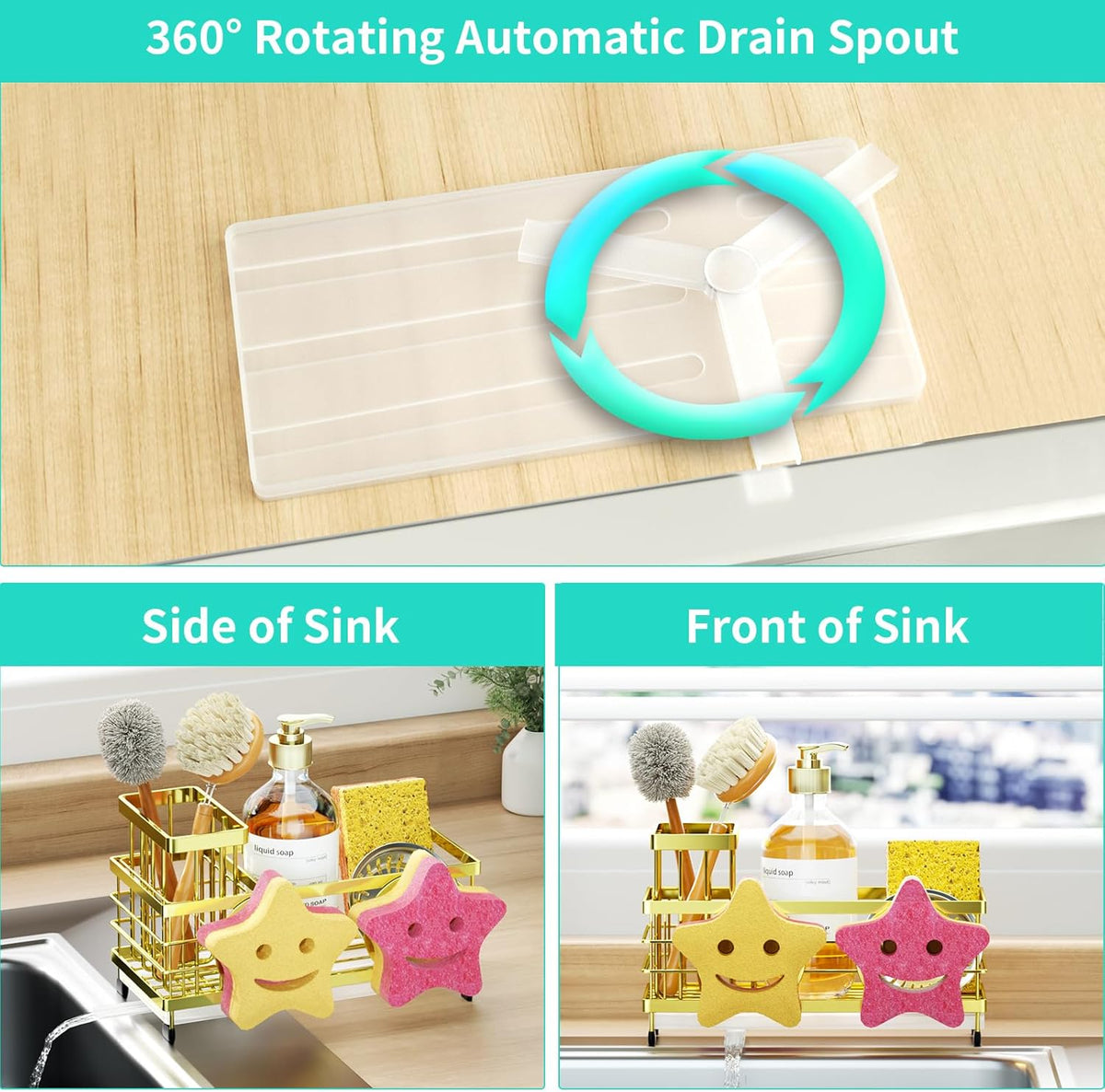 HapiRm Sink Caddy Sponge Holder - Self-draining Kitchen Sink Organizer with Smiley Face and Brush Holder, Stainless Steel Kitchen Sponge Caddy for Countertop - Gold